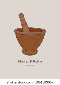 Mortar and pestle . Hand drawn sketch vector retro vintage illustration. Bowl, vessel for milling spice and medical herbs. Hand mill. 