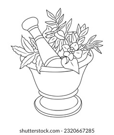 Mortar and pestle with Healing herbs line art vector illustration. Plants in wood bowl for grinding. Organic natural medicine, green pharmacy logo, sign, symbol isolated on white background.