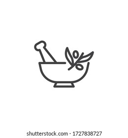 Mortar and pestle with herbal leaf line icon. linear style sign for mobile concept and web design. Aromatherapy spa procedure outline vector icon. Symbol, logo illustration. Vector graphics