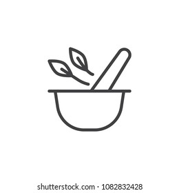 Mortar and pestle with herbal leaf outline icon. linear style sign for mobile concept and web design. Pharmacy and alternative medicine simple line vector icon. Symbol logo illustration. Pixel perfect
