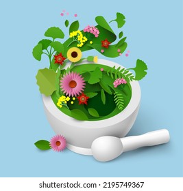 Mortar and pestle with herbal leaf papercut vector illustration. Alternative herbal medicine, aromatherapy, spa procedure and natural healing concept