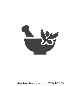 Mortar and pestle with herbal leaf vector icon. filled flat sign for mobile concept and web design. Aromatherapy spa procedure glyph icon. Symbol, logo illustration. Vector graphics