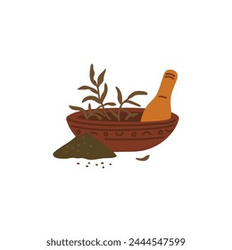 Mortar and pestle with herbs flat icon. Organic cosmetics, aroma therapy. Herbal medicine and homeopathy healthcare. Cartoon magic potion, alchemy vector illustration isolated on white