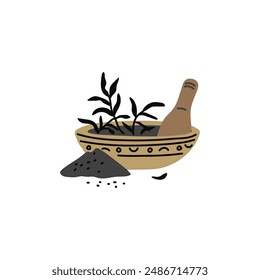 Mortar and pestle with herbs flat icon. Organic cosmetics, aroma therapy. Herbal medicine and homeopathy healthcare. Cartoon magic potion, alchemy. Wicca pagan faith symbol vector illustration