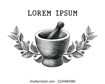 Mortar and pestle with herbs frame vintage engraving illustration logo isolated on white background,Logo of pharmacy and medicine