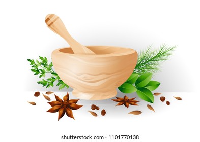 Mortar and pestle, herbs and spices. Color illustration as a design element for the menus of restaurants cafes as an element to decorate posters banners flyers. Vector illustration