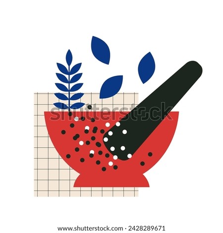 Mortar and pestle. Herbs and spices. Flat trendy abstract style. Abstract vector illustration in red, blue colors. For recipes, menu, cafe, decor.