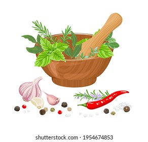 Mortar and pestle, herbs and spices isolated on white background. Vector illustration of garlic, pepper, salt and seasoning in cartoon flat style.