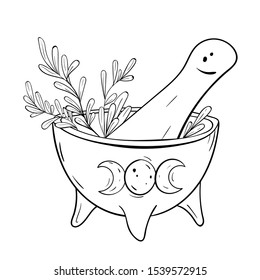 Mortar and Pestle with herbs, triple moon symbol. Witch kitchen. Hand drawn line art.