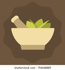 Mortar, pestle and herbs, vector illustration