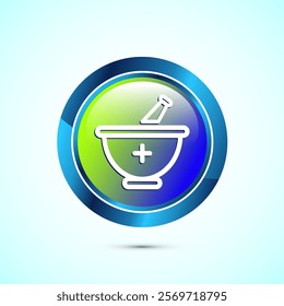 Mortar and pestle icon design illustration. Pharmacy sign symbol for app, website, and logo. Glossy round button design