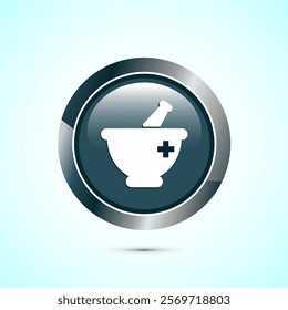 Mortar and pestle icon design illustration. Pharmacy sign symbol for app, website, and logo. Gray color round button design