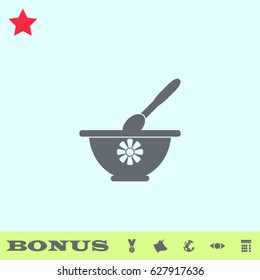 Mortar and pestle icon flat. Grey pictogram on blue background. Vector illustration symbol and bonus buttons medal, cow, earth, eye, calculator