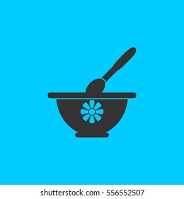 Mortar and pestle icon flat. Simple vector black pictogram on blue background