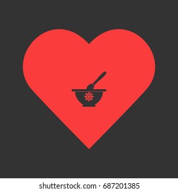 Mortar and pestle icon flat. Simple pictogram on heart background. Vector illustration symbol
