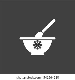 Mortar and pestle icon flat. Vector white illustration isolated on black background. Flat symbol