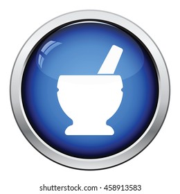 Mortar and pestle icon. Glossy button design. Vector illustration.