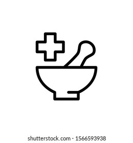 Mortar and pestle icon in line art style on white background, linear style sign for mobile concept and web design, Pharmaceutical medicine outline vector icon, Symbol, logo illustration