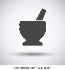 Mortar and pestle icon on gray background with round shadow. Vector illustration.