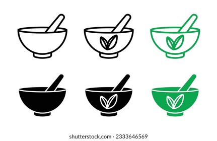 Mortar and pestle icon set. herbs medicine symbol. ayurvedic pill crusher line symbol. indian ayurveda bowl sign in black and green color.