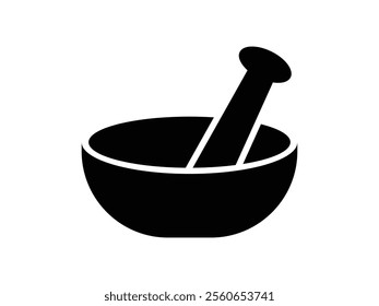 Mortar and pestle icon silhouette vector, mortar icon glyph style design, Herbal medicine concept. Ayurvedic medicine bowl on white background.