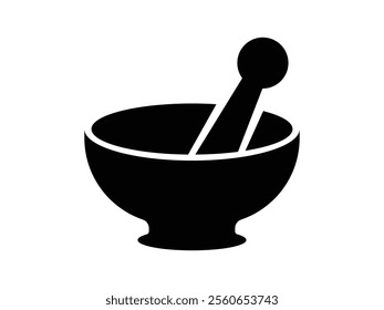 Mortar and pestle icon silhouette vector, mortar icon glyph style design, Herbal medicine concept. Ayurvedic medicine bowl on white background.