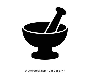 Mortar and pestle icon silhouette vector, mortar icon glyph style design, Herbal medicine concept. Ayurvedic medicine bowl on white background.