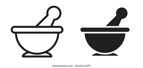 Mortar pestle icons in black line and filled versions