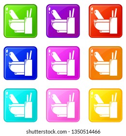 Mortar pestle icons set 9 color collection isolated on white for any design
