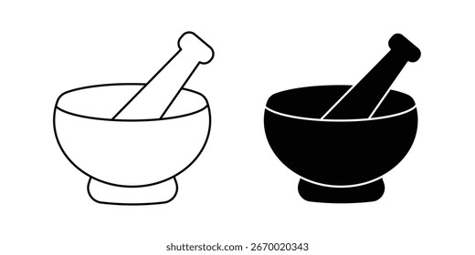 Vector de los iconos del mortero y del almirez aislado en el fondo blanco