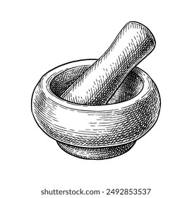 Mortar and pestle ink sketch. Hand drawn vector illustration. Retro style.