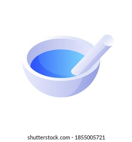 Mortero con vector isométrico de almirez. Dispositivo retro de color blanco para moler medicamentos e hierbas. Dispositivo que se desmorona especias y hierbas en la cocina y medicina natural ayurveda.