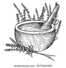 Mortero y almirez con Flores de Lavender. Ilustración de vectores dibujados a mano para medicina alternativa o producción de aceite esencial sobre fondo blanco aislado. Dibujo vintage de líneas artísticas para aromaterapia