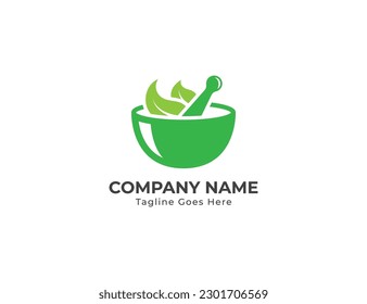 Símbolo de signo de icono de símbolo de elemento Diseño del logotipo de Mortar, Pestle y Leaf Ayurveda. Atención de la salud, farmacia, medicinas, medicamentos a base de plantas. Plantilla de ilustración de vector