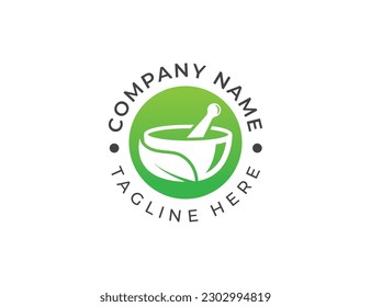 Mortar, Pestle and Leaf Ayurveda Pharmacy Logo Concept symbol icon sign Element Design. Health Care, Medical, Herbal Medicine Logotype. Vector illustration template