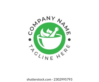 Mortar, Pestle and Leaf Ayurveda Pharmacy Logo Concept sign icon symbol Element Design. Health Care, Medical, Herbal Medicine Logotype. Vector illustration template