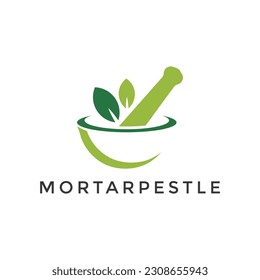 mortar pestle leaf bowl logo spice and herb logo design concept
