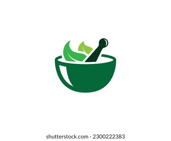 Mortar, Pestle and Leaf Logo Concept symbol sign icon Element Design. Ayurveda, Health Care, Pharmacy, Medical, Herbal Medicine Logotype. Vector illustration template