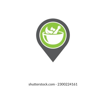 Mortar, Pestle und Leaf mit Pinstandortsuche Logo Concept Symbol Symbol Element Design. Ayurveda, Gesundheitsfürsorge, Apotheke, Medizin, pflanzliche Arzneimittel-Logotyp. Vektorgrafik-Vorlage