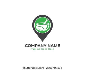 Mortar, Pestle and Leaf with Pin Location Finder Ayurveda Logo Concept icon sign symbol Element Design. Health Care, Pharmacy, Medical, Herbal Medicine Logotype. Vector illustration template