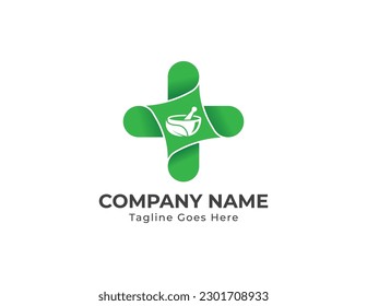 Mortar, Pestle und Leaf mit Plus Cross Ayurveda Logo Concept Symbol Symbol Symbol Element Design. Gesundheitswesen, Apotheke, Medizin, pflanzliches Arzneimittel-Logo. Vektorgrafik-Vorlage