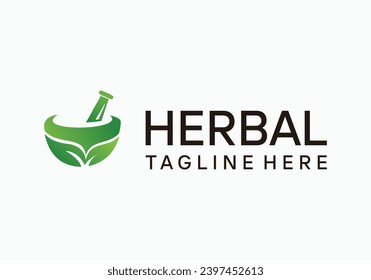 mortar, pestle and leaves herbal logo design inspiration