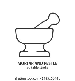 Mortar and pestle line icon. Alternative medicine symbol. Spice concept vector illustration. Editable stroke.