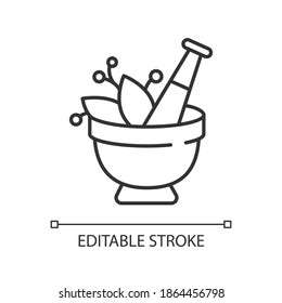 Mortar and pestle linear icon. Kitchen tool to mesh herbs. Cooking utensil to mix condiments. Thin line customizable illustration. Contour symbol. Vector isolated outline drawing. Editable stroke