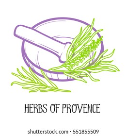 Mortar and pestle. Linear logo illustration. Cooking utensils. To prepare the seasoning. Herbs of Provence. Rosemary and lavender.