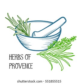 Mortar And Pestle. Linear Logo Illustration. Cooking Utensils. To Prepare The Seasoning. Herbs Of Provence. Rosemary And Lavender.