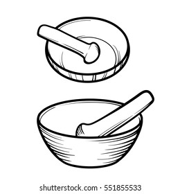 Mortar and pestle. Linear logo illustration. Cooking utensils. To prepare the seasoning.