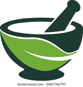 Logotipo de mortero y almirez con un diseño de hoja, que simboliza la medicina natural y la farmacia
