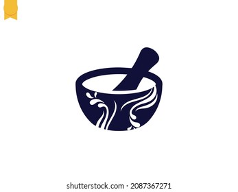 Mortar and Pestle Logo vectors. icon herbal leaf. natural extracts logo for a clinic business . hotistic isolated. Pharmacy symbol. mortar green leaf organic logo