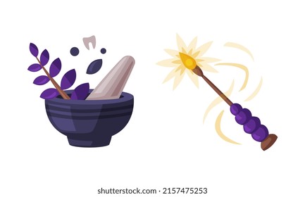 Mortar and pestle and magic wand. Witchcraft attributes, halloween objects cartoon vector illustration